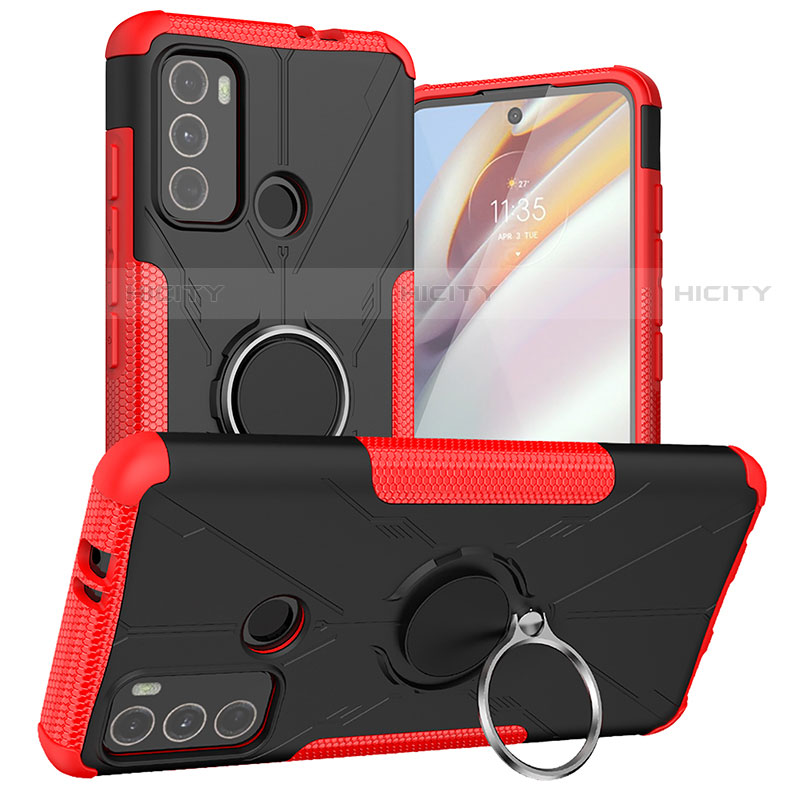 Silikon Hülle Handyhülle und Kunststoff Schutzhülle Hartschalen Tasche mit Magnetisch Fingerring Ständer S02 für Motorola Moto G60 Rot Plus