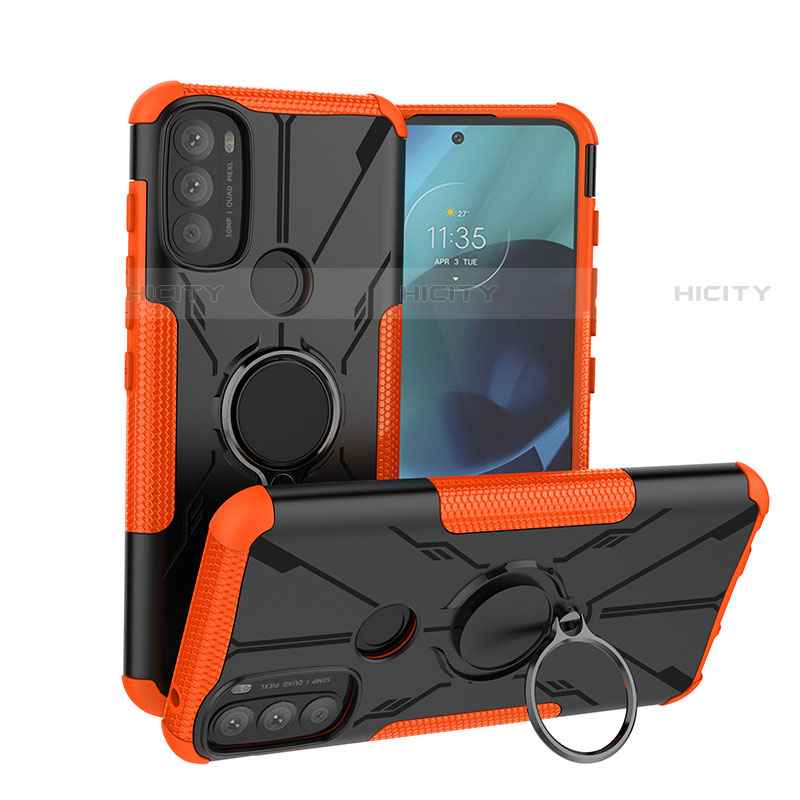 Silikon Hülle Handyhülle und Kunststoff Schutzhülle Hartschalen Tasche mit Magnetisch Fingerring Ständer S02 für Motorola Moto G71 5G