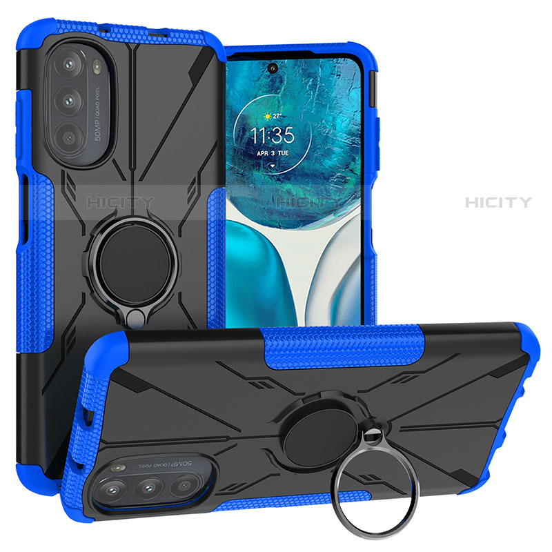 Silikon Hülle Handyhülle und Kunststoff Schutzhülle Hartschalen Tasche mit Magnetisch Fingerring Ständer S02 für Motorola Moto G82 5G groß