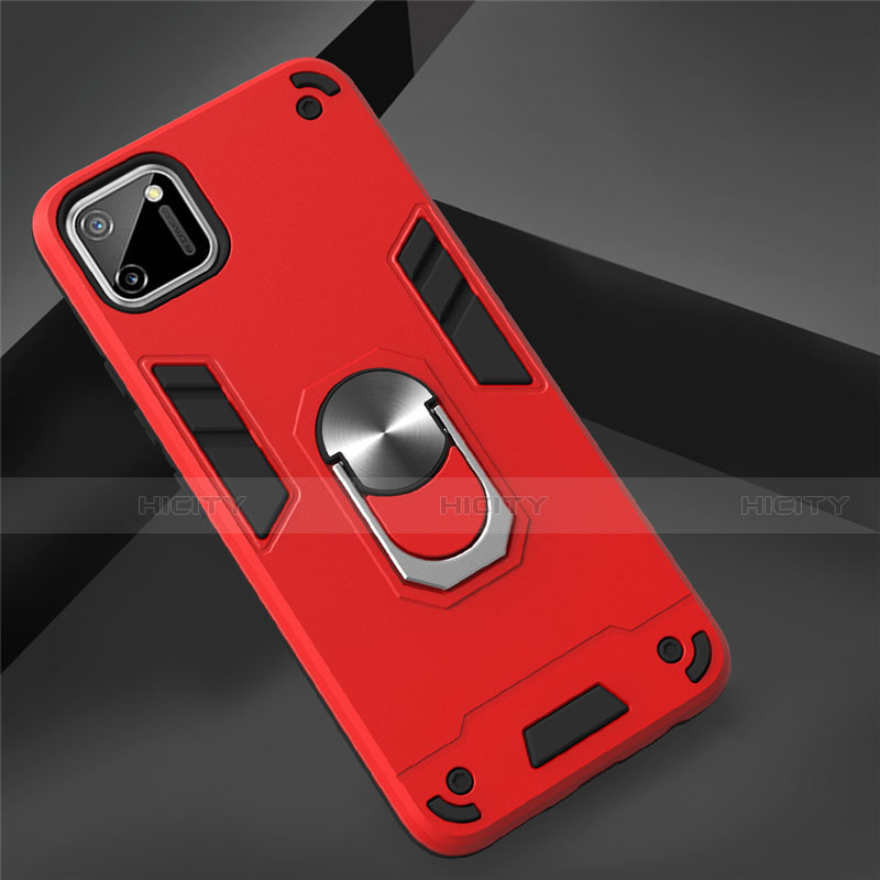 Silikon Hülle Handyhülle und Kunststoff Schutzhülle Hartschalen Tasche mit Magnetisch Fingerring Ständer S02 für Realme C11 Rot Plus