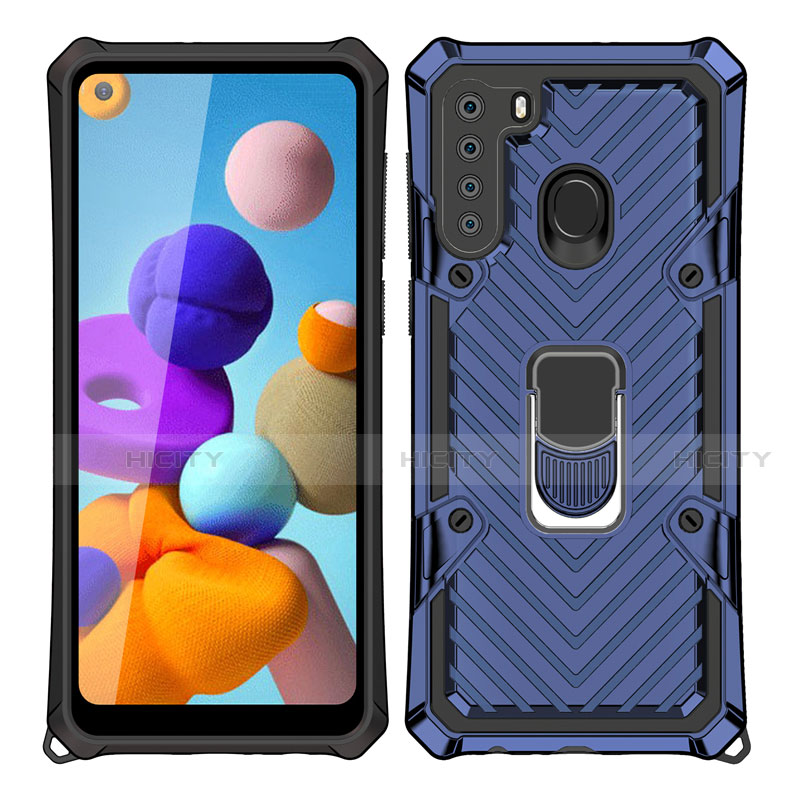 Silikon Hülle Handyhülle und Kunststoff Schutzhülle Hartschalen Tasche mit Magnetisch Fingerring Ständer S02 für Samsung Galaxy A21 Blau Plus