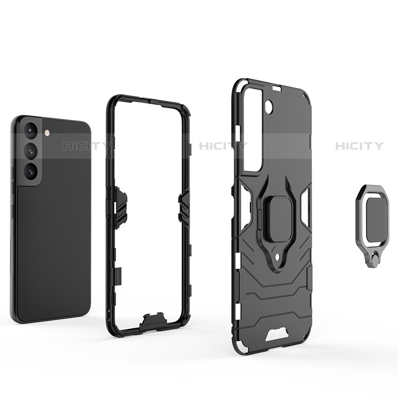 Silikon Hülle Handyhülle und Kunststoff Schutzhülle Hartschalen Tasche mit Magnetisch Fingerring Ständer S02 für Samsung Galaxy S22 5G groß