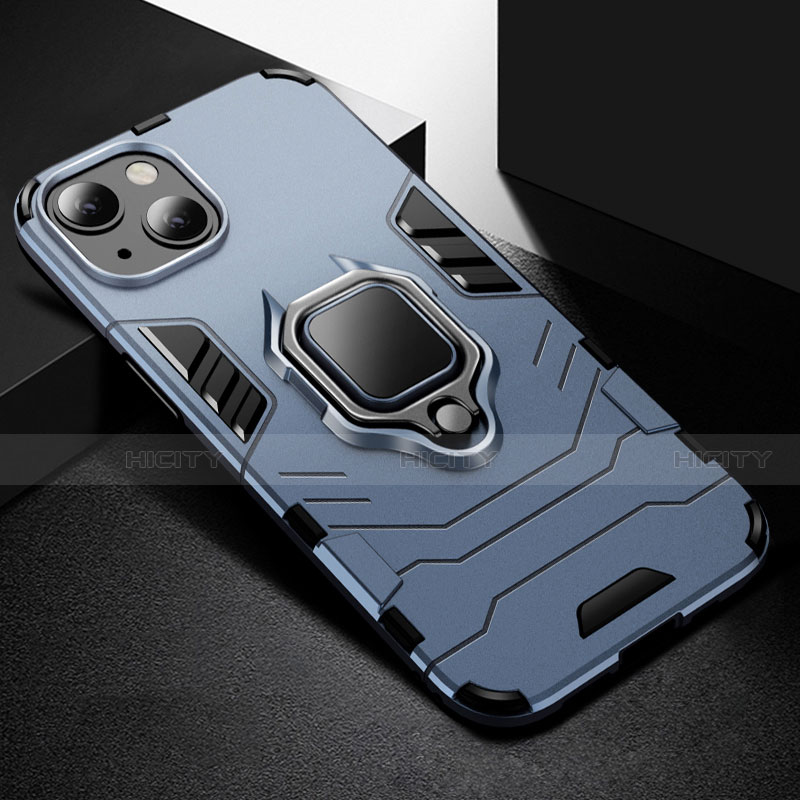 Silikon Hülle Handyhülle und Kunststoff Schutzhülle Hartschalen Tasche mit Magnetisch Fingerring Ständer S03 für Apple iPhone 14 Blau Plus