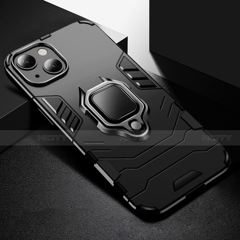 Silikon Hülle Handyhülle und Kunststoff Schutzhülle Hartschalen Tasche mit Magnetisch Fingerring Ständer S03 für Apple iPhone 14 Schwarz