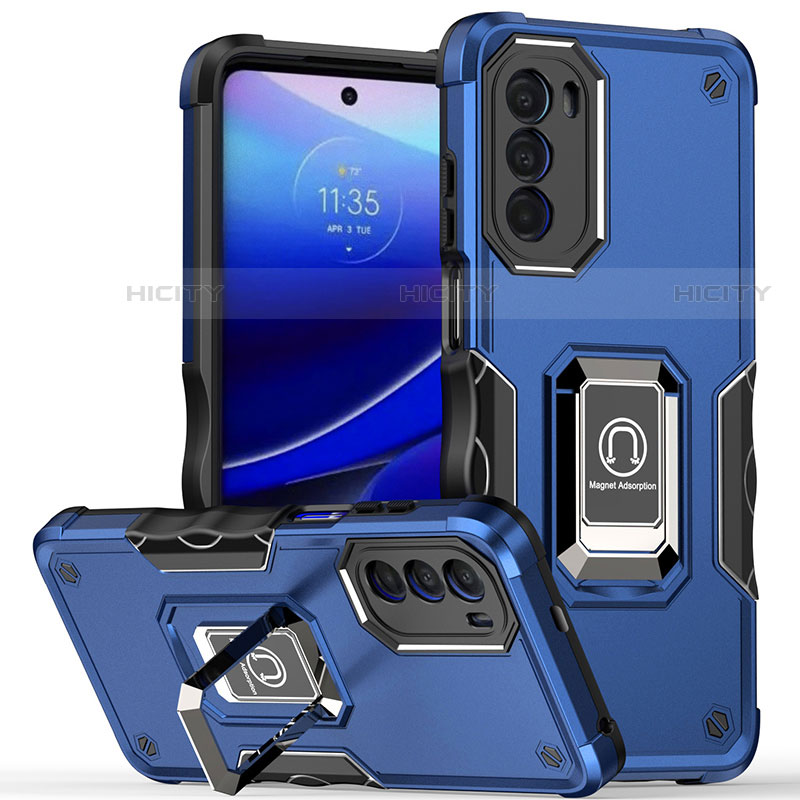 Silikon Hülle Handyhülle und Kunststoff Schutzhülle Hartschalen Tasche mit Magnetisch Fingerring Ständer S03 für Motorola MOTO G52 Blau