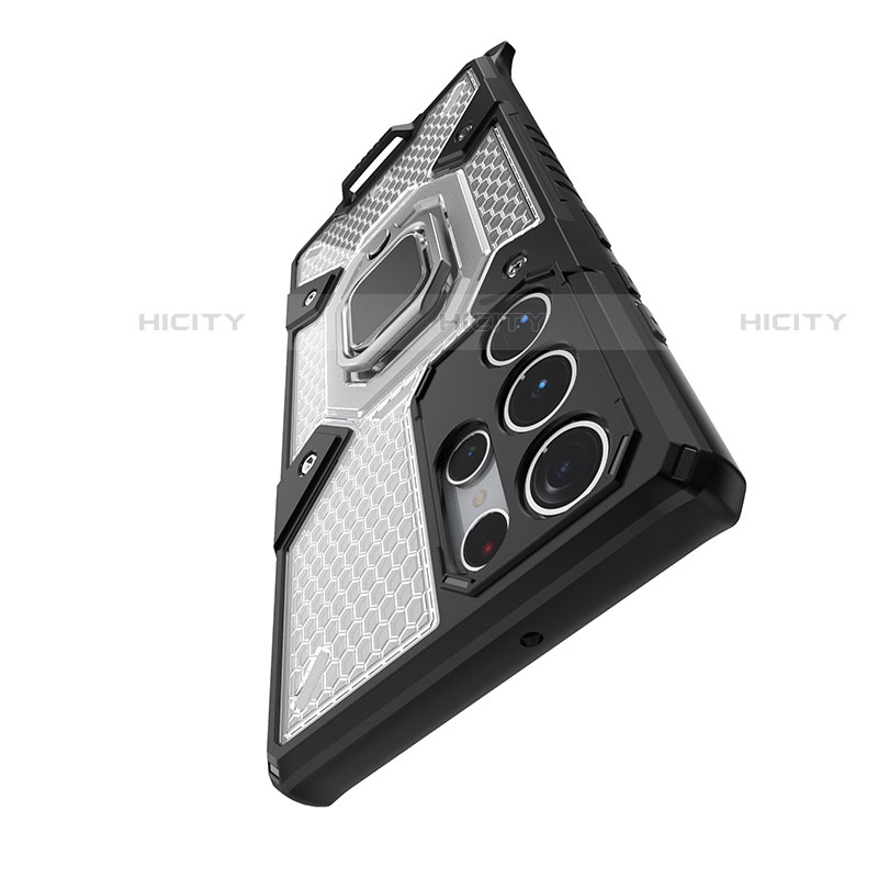 Silikon Hülle Handyhülle und Kunststoff Schutzhülle Hartschalen Tasche mit Magnetisch Fingerring Ständer S03 für Samsung Galaxy S22 Ultra 5G