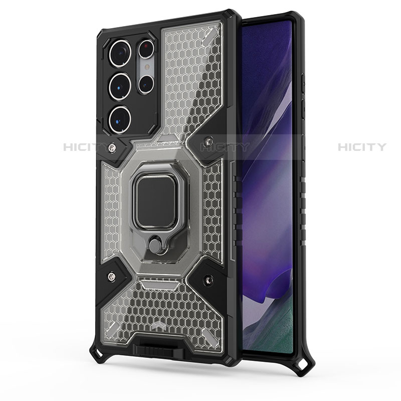 Silikon Hülle Handyhülle und Kunststoff Schutzhülle Hartschalen Tasche mit Magnetisch Fingerring Ständer S03 für Samsung Galaxy S22 Ultra 5G groß