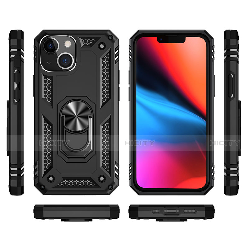 Silikon Hülle Handyhülle und Kunststoff Schutzhülle Hartschalen Tasche mit Magnetisch Fingerring Ständer S05 für Apple iPhone 14 groß