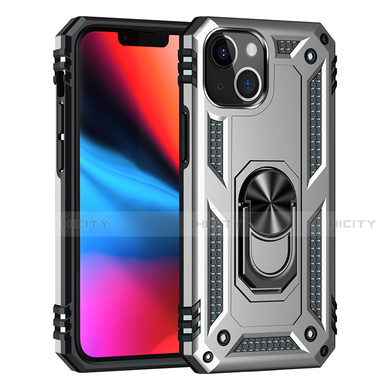 Silikon Hülle Handyhülle und Kunststoff Schutzhülle Hartschalen Tasche mit Magnetisch Fingerring Ständer S05 für Apple iPhone 14 groß