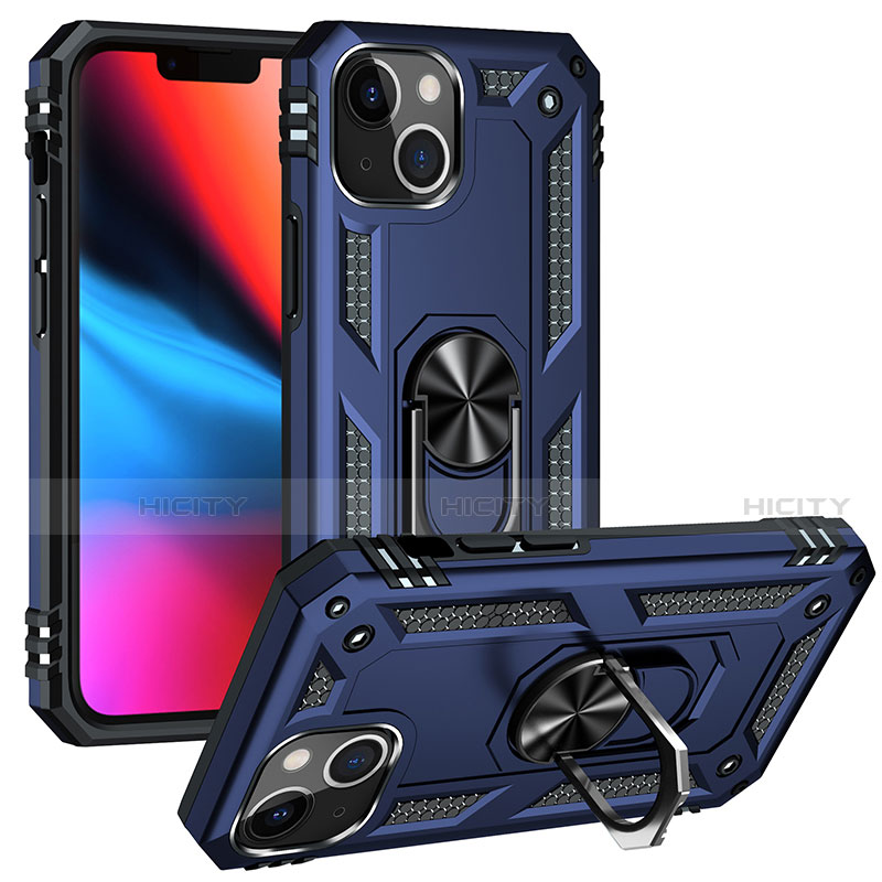 Silikon Hülle Handyhülle und Kunststoff Schutzhülle Hartschalen Tasche mit Magnetisch Fingerring Ständer S05 für Apple iPhone 14 Blau Plus