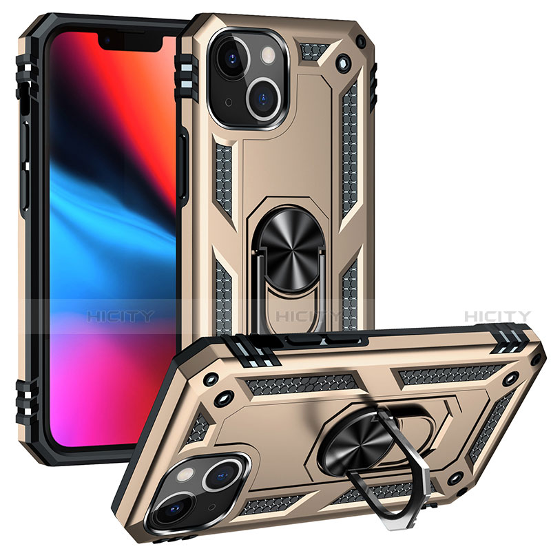 Silikon Hülle Handyhülle und Kunststoff Schutzhülle Hartschalen Tasche mit Magnetisch Fingerring Ständer S05 für Apple iPhone 14 Gold Plus