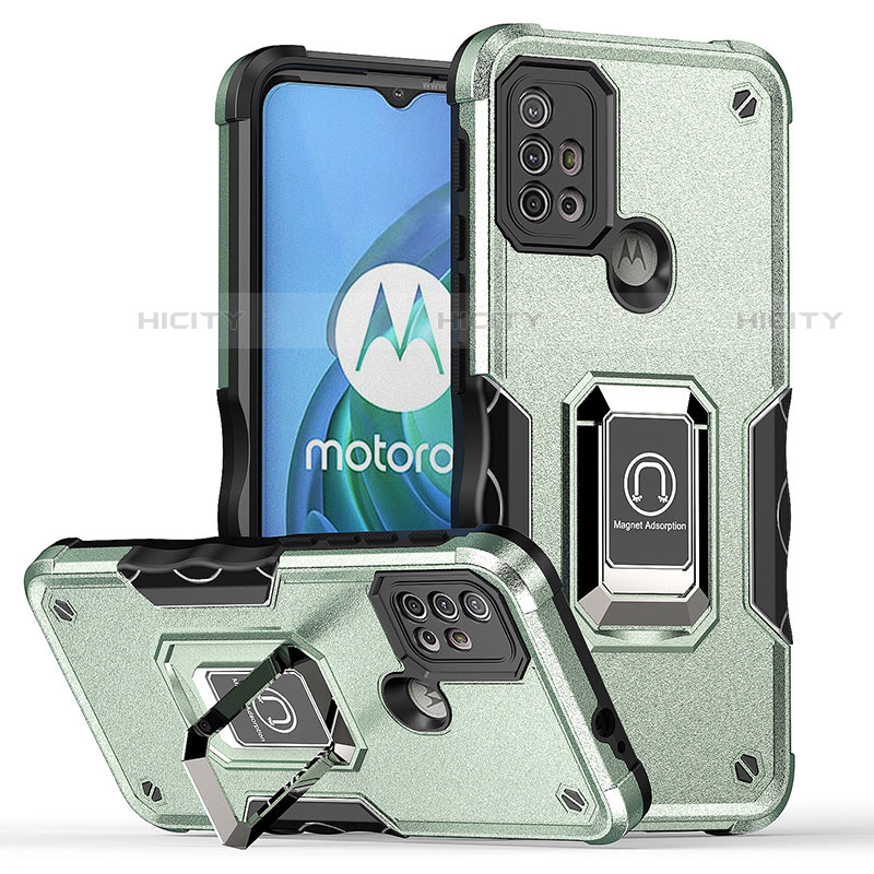 Silikon Hülle Handyhülle und Kunststoff Schutzhülle Hartschalen Tasche mit Magnetisch Fingerring Ständer S05 für Motorola Moto G10 Power Grün Plus