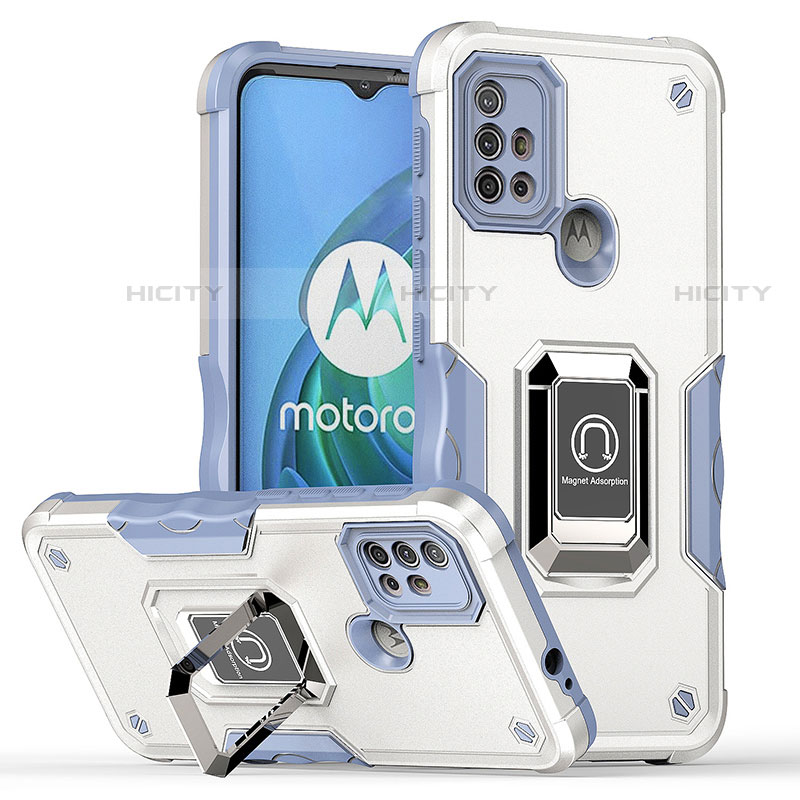 Silikon Hülle Handyhülle und Kunststoff Schutzhülle Hartschalen Tasche mit Magnetisch Fingerring Ständer S05 für Motorola Moto G20 Weiß