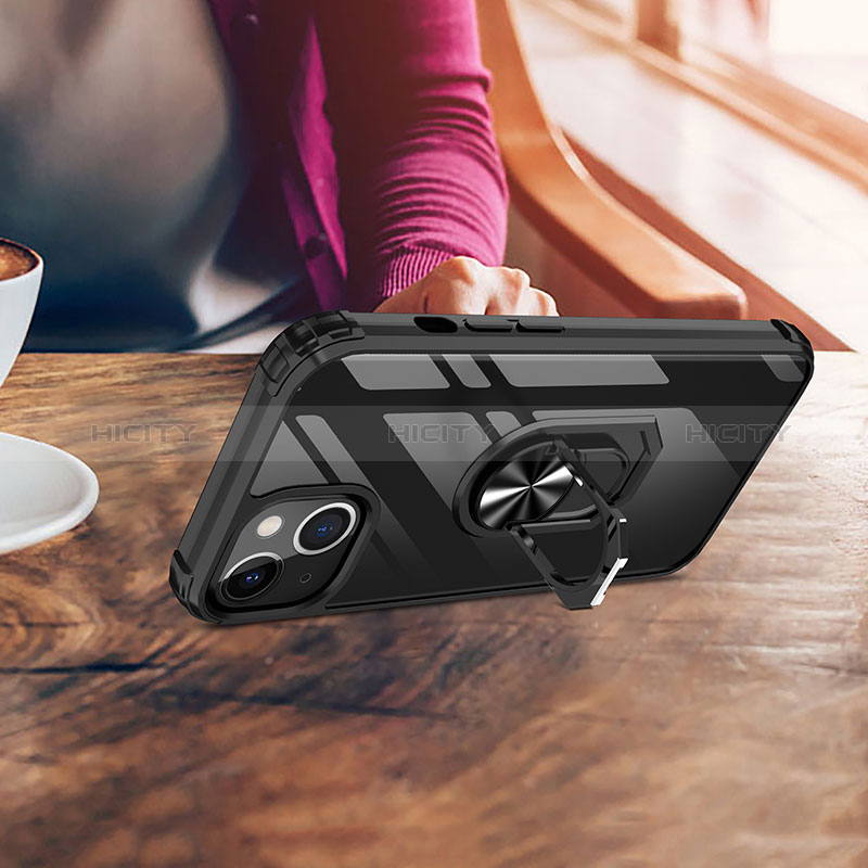 Silikon Hülle Handyhülle und Kunststoff Schutzhülle Hartschalen Tasche mit Magnetisch Fingerring Ständer S06 für Apple iPhone 15 groß