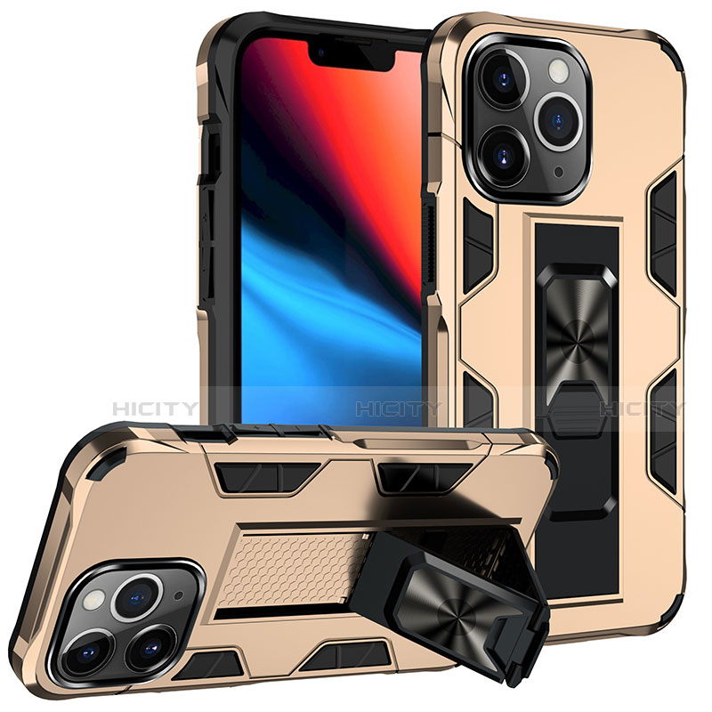 Silikon Hülle Handyhülle und Kunststoff Schutzhülle Hartschalen Tasche mit Magnetisch Fingerring Ständer S07 für Apple iPhone 13 Pro Max Gold Plus