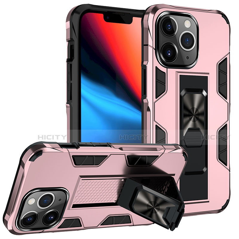 Silikon Hülle Handyhülle und Kunststoff Schutzhülle Hartschalen Tasche mit Magnetisch Fingerring Ständer S07 für Apple iPhone 13 Pro Max Rosegold