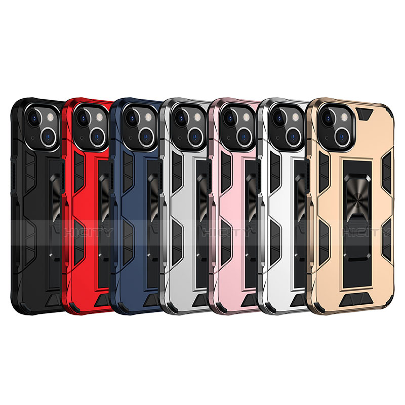 Silikon Hülle Handyhülle und Kunststoff Schutzhülle Hartschalen Tasche mit Magnetisch Fingerring Ständer S07 für Apple iPhone 14 groß