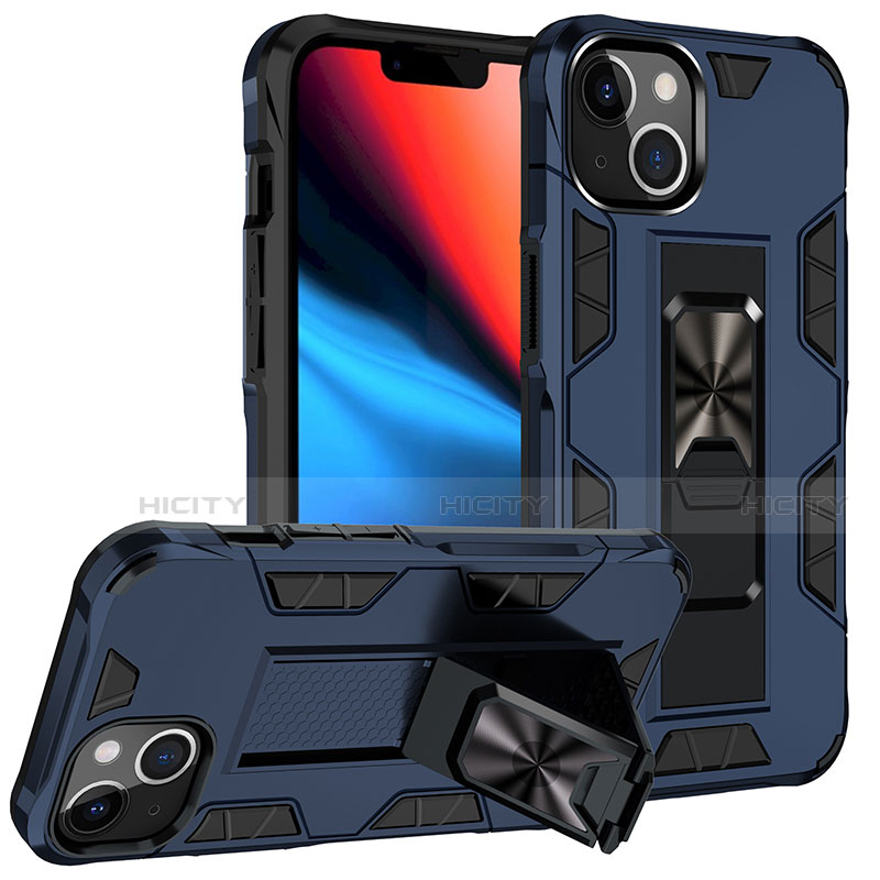Silikon Hülle Handyhülle und Kunststoff Schutzhülle Hartschalen Tasche mit Magnetisch Fingerring Ständer S07 für Apple iPhone 14 Blau