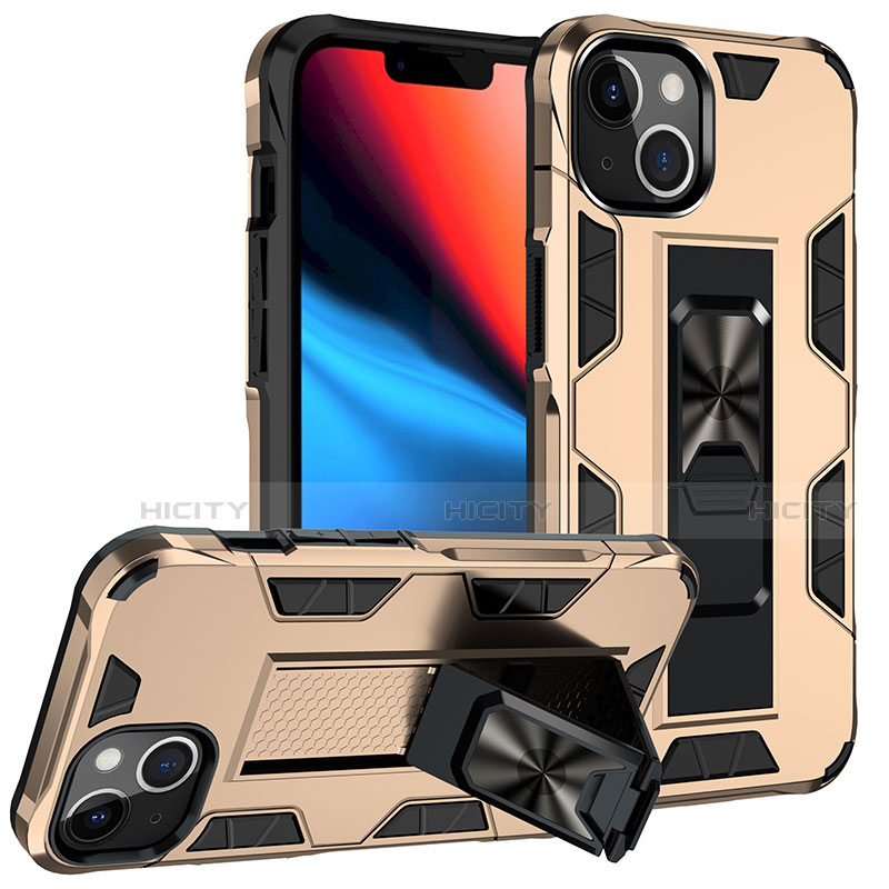 Silikon Hülle Handyhülle und Kunststoff Schutzhülle Hartschalen Tasche mit Magnetisch Fingerring Ständer S07 für Apple iPhone 14 Gold Plus