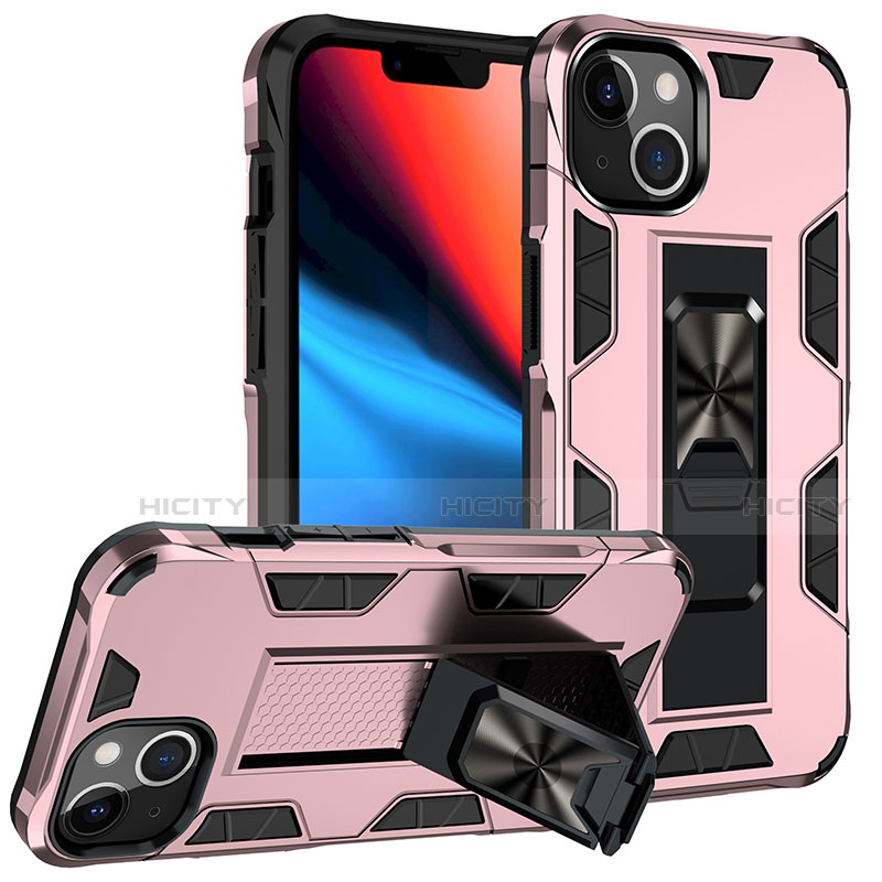 Silikon Hülle Handyhülle und Kunststoff Schutzhülle Hartschalen Tasche mit Magnetisch Fingerring Ständer S07 für Apple iPhone 14 Rosegold Plus