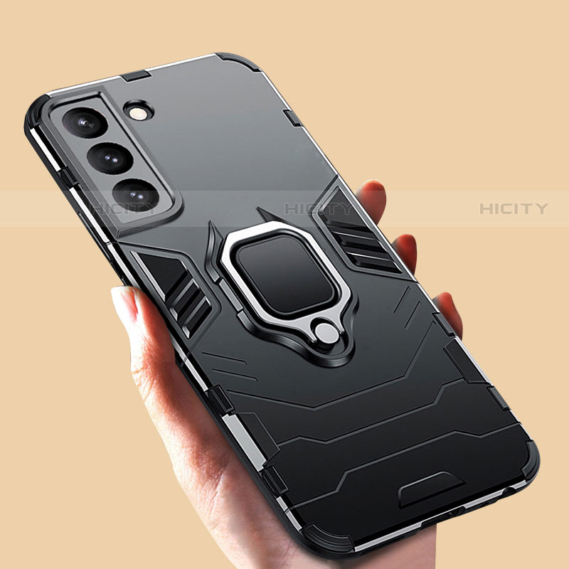 Silikon Hülle Handyhülle und Kunststoff Schutzhülle Hartschalen Tasche mit Magnetisch Fingerring Ständer S08 für Samsung Galaxy S22 5G