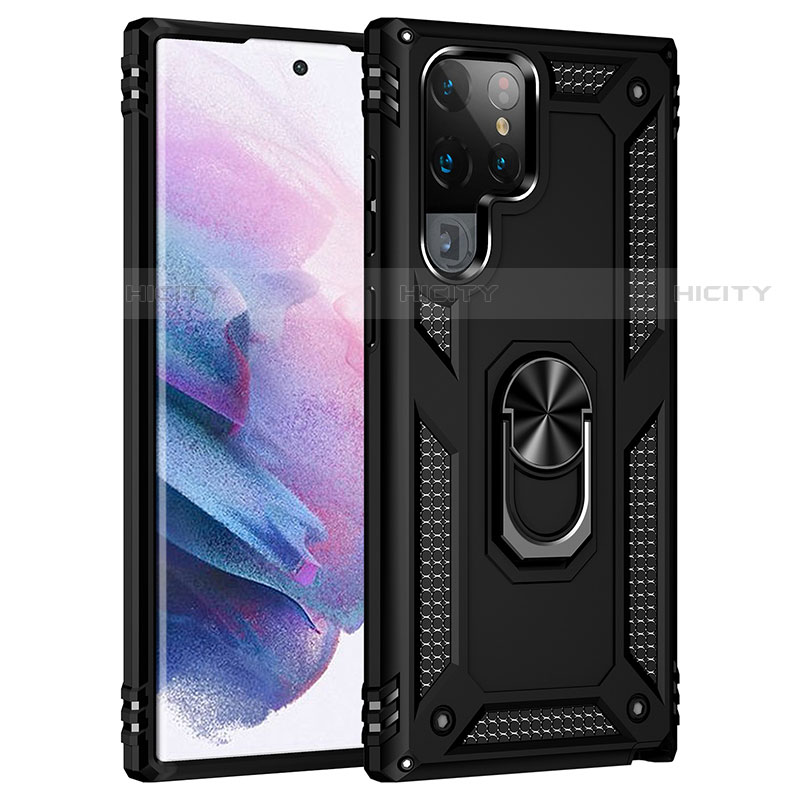 Silikon Hülle Handyhülle und Kunststoff Schutzhülle Hartschalen Tasche mit Magnetisch Fingerring Ständer T02 für Samsung Galaxy S21 Ultra 5G Schwarz Plus