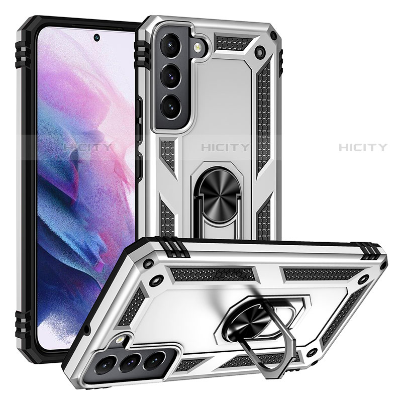 Silikon Hülle Handyhülle und Kunststoff Schutzhülle Hartschalen Tasche mit Magnetisch Fingerring Ständer T03 für Samsung Galaxy S22 Plus 5G Silber Plus