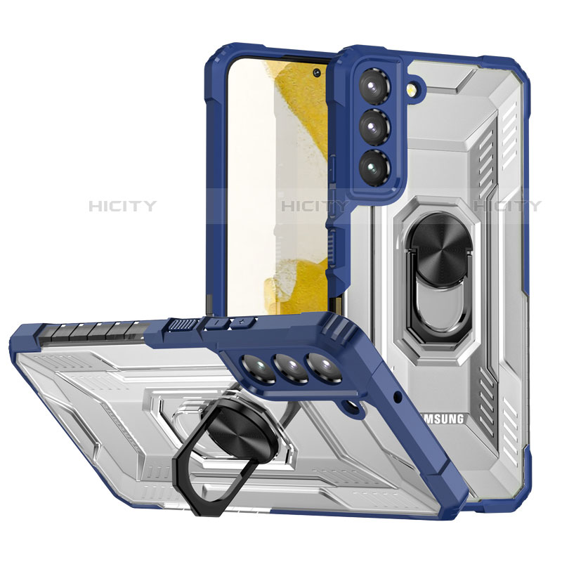 Silikon Hülle Handyhülle und Kunststoff Schutzhülle Hartschalen Tasche mit Magnetisch Fingerring Ständer T07 für Samsung Galaxy S21 Plus 5G Blau Plus