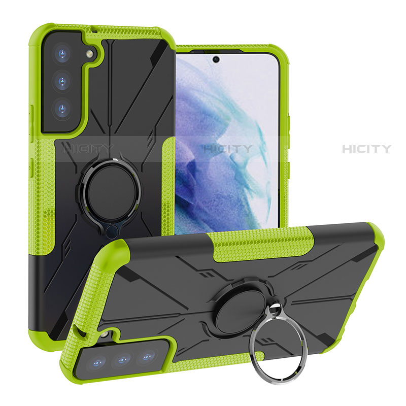 Silikon Hülle Handyhülle und Kunststoff Schutzhülle Hartschalen Tasche mit Magnetisch Fingerring Ständer T08 für Samsung Galaxy S21 Plus 5G