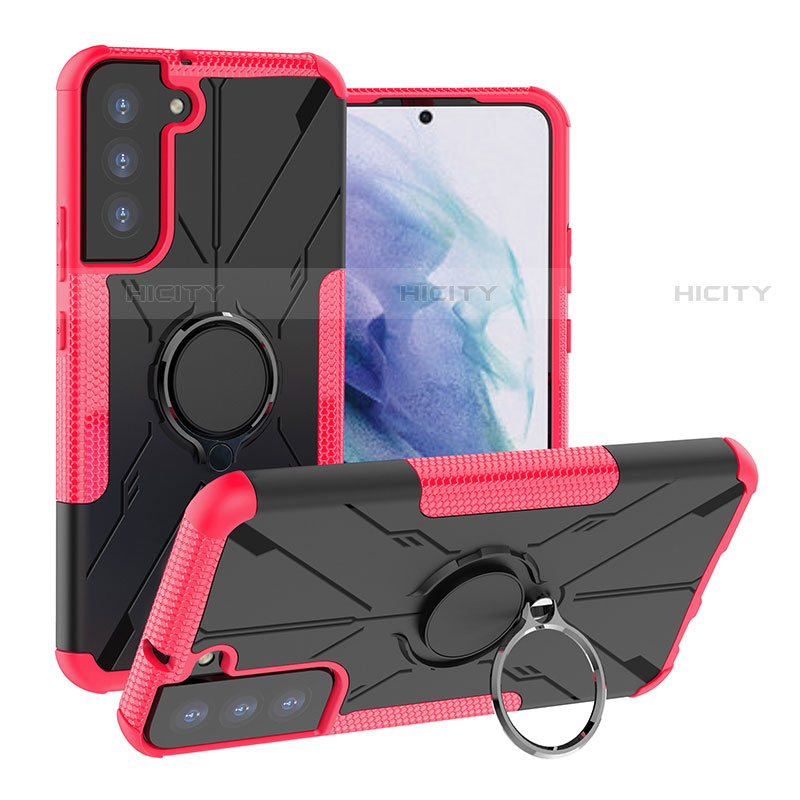 Silikon Hülle Handyhülle und Kunststoff Schutzhülle Hartschalen Tasche mit Magnetisch Fingerring Ständer T08 für Samsung Galaxy S22 5G Pink