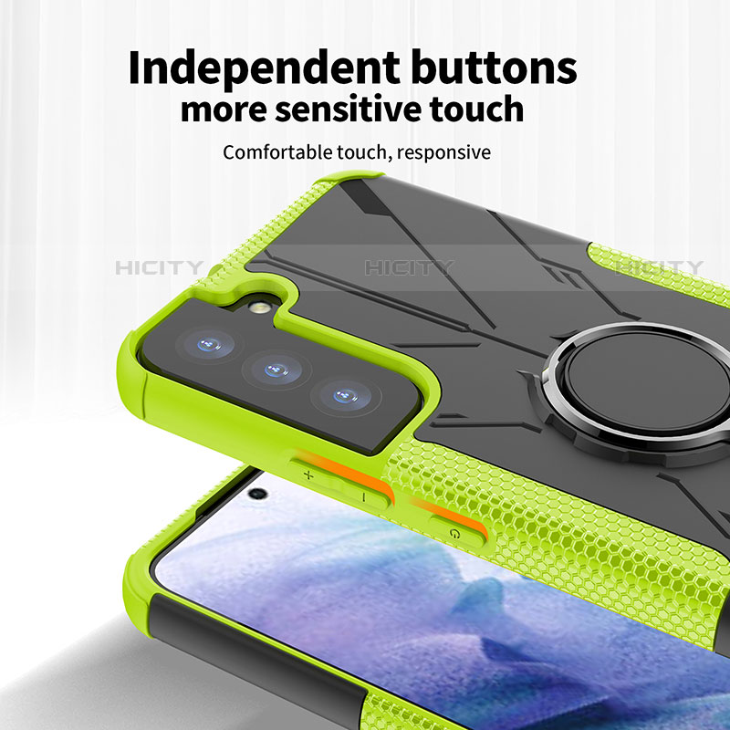 Silikon Hülle Handyhülle und Kunststoff Schutzhülle Hartschalen Tasche mit Magnetisch Fingerring Ständer T09 für Samsung Galaxy S21 5G