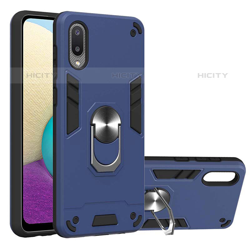 Silikon Hülle Handyhülle und Kunststoff Schutzhülle Hartschalen Tasche mit Magnetisch Fingerring Ständer Y01B für Samsung Galaxy M02 Blau