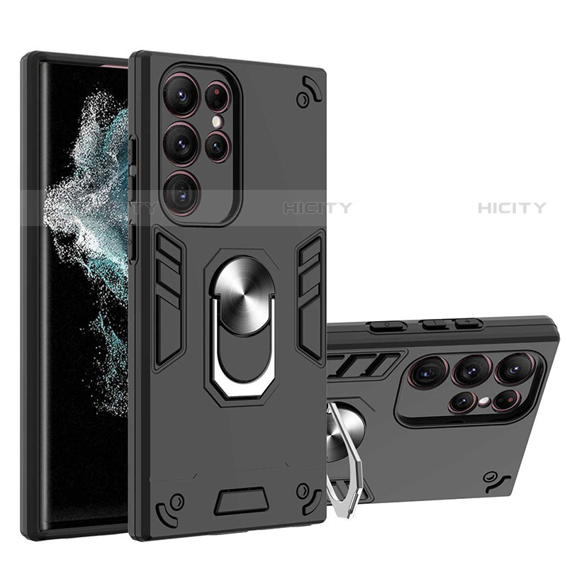 Silikon Hülle Handyhülle und Kunststoff Schutzhülle Hartschalen Tasche mit Magnetisch Fingerring Ständer Y01B für Samsung Galaxy S21 Ultra 5G groß