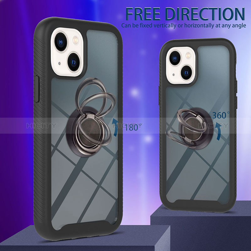 Silikon Hülle Handyhülle und Kunststoff Schutzhülle Hartschalen Tasche mit Magnetisch Fingerring Ständer YB1 für Apple iPhone 14 groß