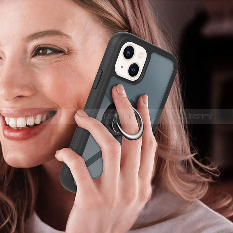 Silikon Hülle Handyhülle und Kunststoff Schutzhülle Hartschalen Tasche mit Magnetisch Fingerring Ständer YB1 für Apple iPhone 14 groß