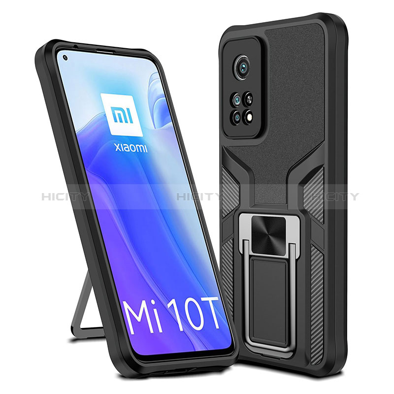 Silikon Hülle Handyhülle und Kunststoff Schutzhülle Hartschalen Tasche mit Magnetisch Fingerring Ständer ZL1 für Xiaomi Mi 10T 5G Schwarz