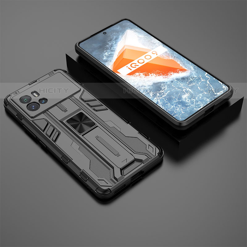 Silikon Hülle Handyhülle und Kunststoff Schutzhülle Hartschalen Tasche mit Magnetisch Ständer A01 für Vivo iQOO 9 5G Schwarz Plus