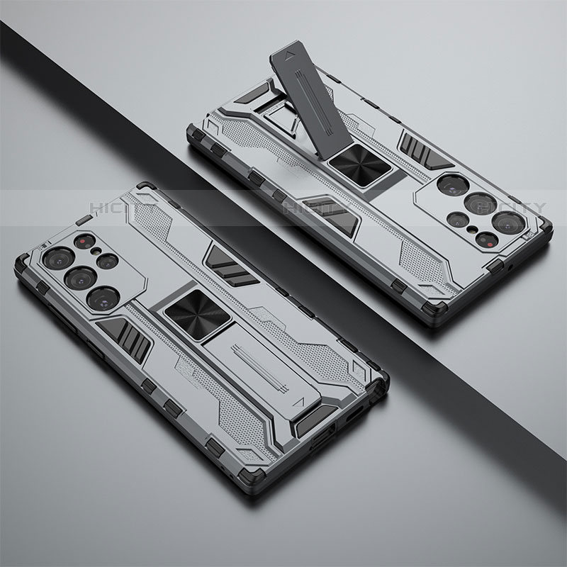 Silikon Hülle Handyhülle und Kunststoff Schutzhülle Hartschalen Tasche mit Magnetisch Ständer A02 für Samsung Galaxy S23 Ultra 5G groß