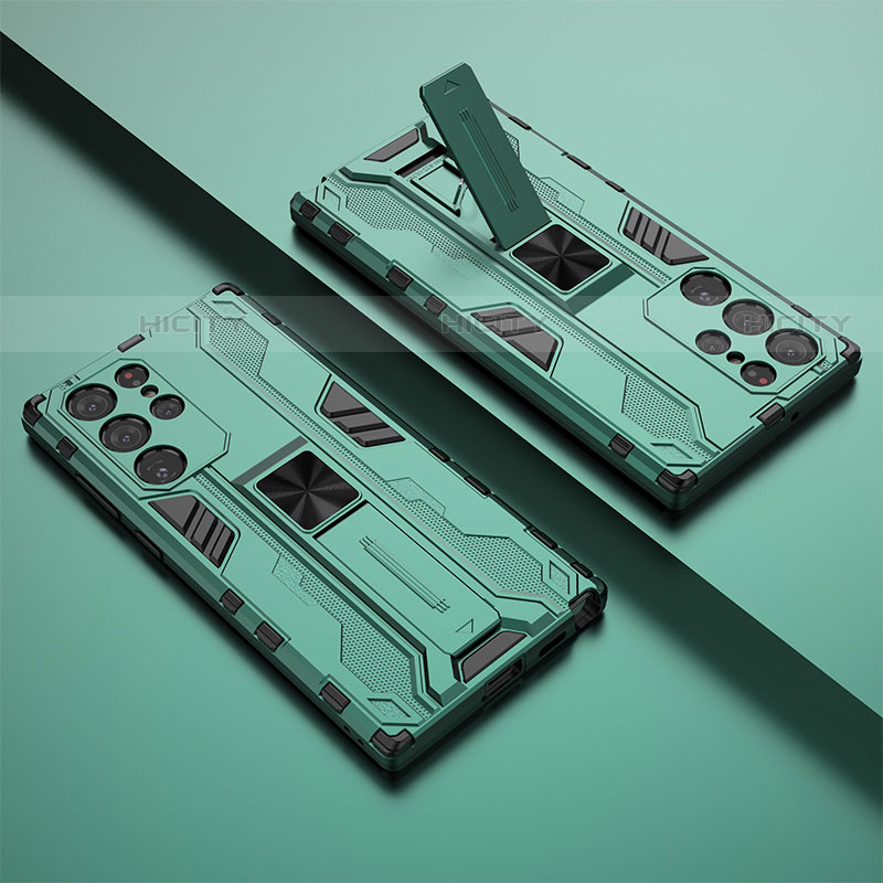 Silikon Hülle Handyhülle und Kunststoff Schutzhülle Hartschalen Tasche mit Magnetisch Ständer A02 für Samsung Galaxy S23 Ultra 5G groß