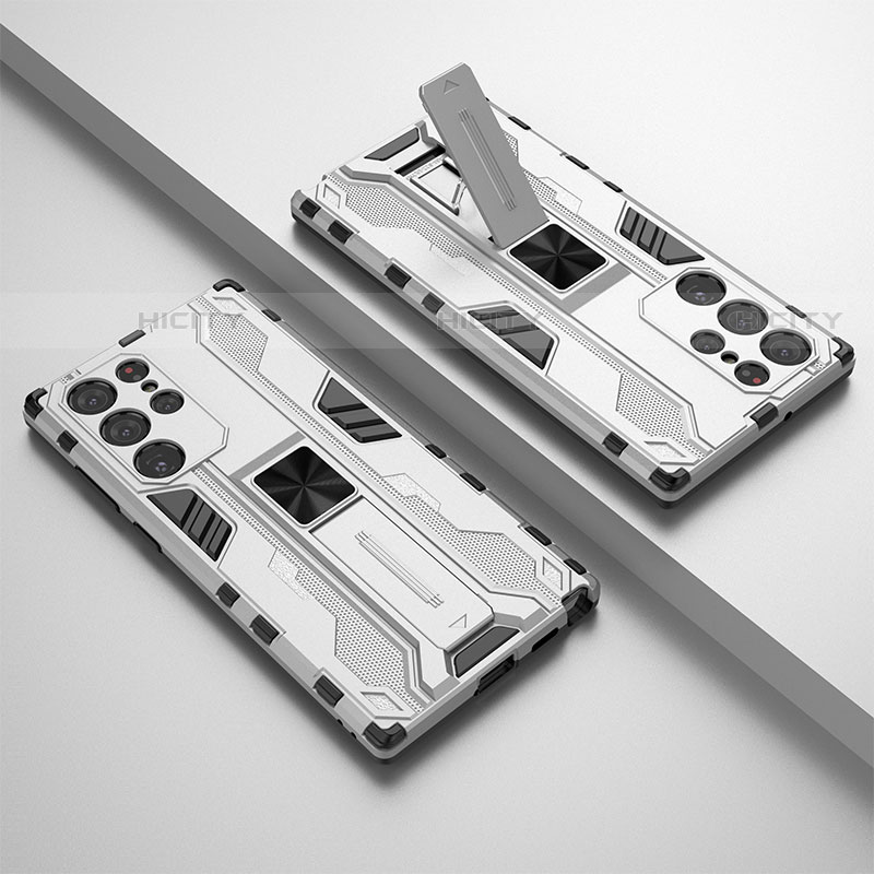 Silikon Hülle Handyhülle und Kunststoff Schutzhülle Hartschalen Tasche mit Magnetisch Ständer A02 für Samsung Galaxy S23 Ultra 5G groß