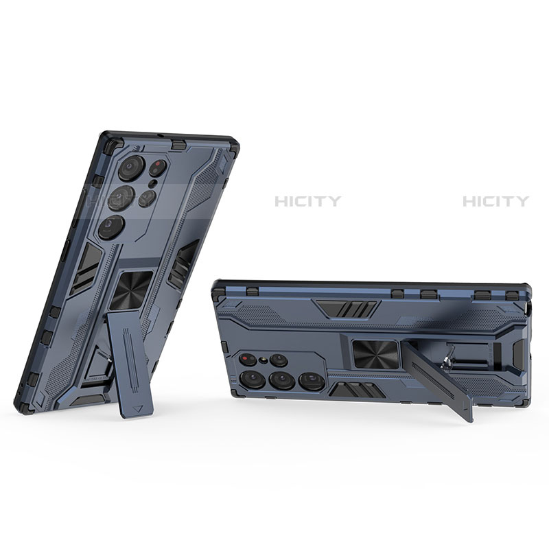 Silikon Hülle Handyhülle und Kunststoff Schutzhülle Hartschalen Tasche mit Magnetisch Ständer A02 für Samsung Galaxy S23 Ultra 5G Blau Plus