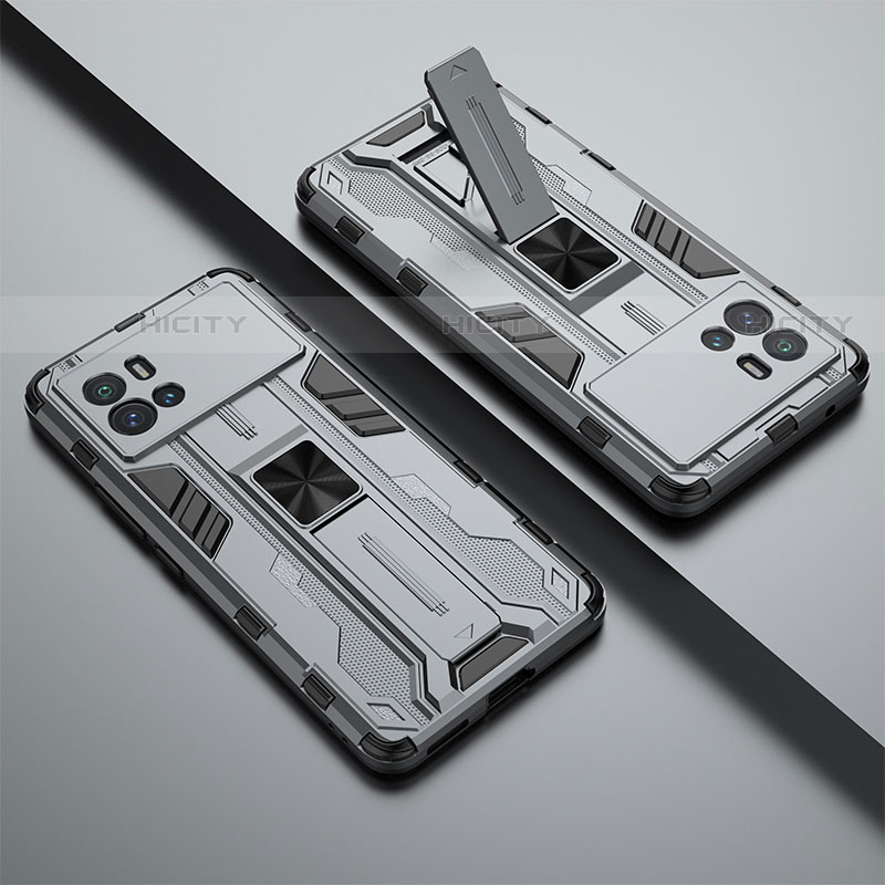 Silikon Hülle Handyhülle und Kunststoff Schutzhülle Hartschalen Tasche mit Magnetisch Ständer A02 für Vivo iQOO 9 5G Grau