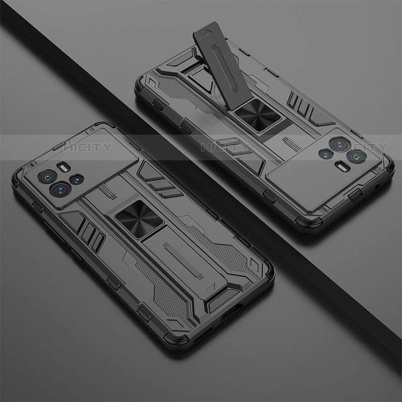 Silikon Hülle Handyhülle und Kunststoff Schutzhülle Hartschalen Tasche mit Magnetisch Ständer A02 für Vivo iQOO 9 5G Schwarz Plus