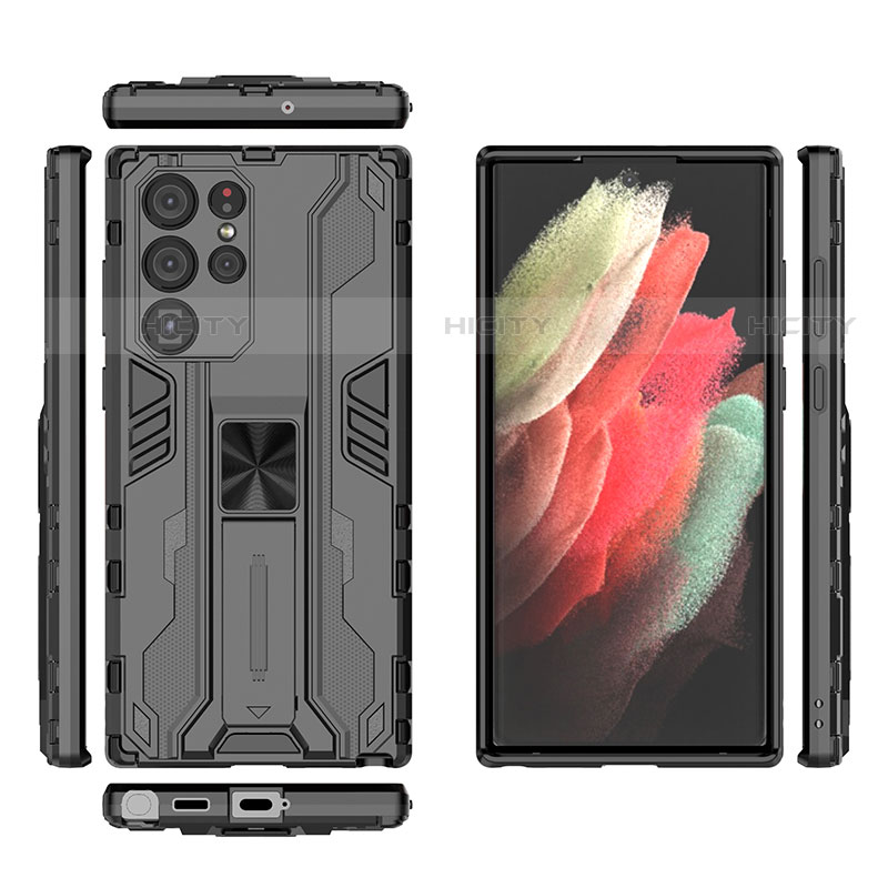 Silikon Hülle Handyhülle und Kunststoff Schutzhülle Hartschalen Tasche mit Magnetisch Ständer A03 für Samsung Galaxy S21 Ultra 5G Schwarz Plus