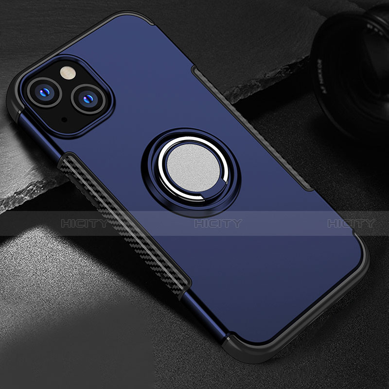 Silikon Hülle Handyhülle und Kunststoff Schutzhülle Hartschalen Tasche mit Magnetisch Ständer A08 für Apple iPhone 14 Blau Plus