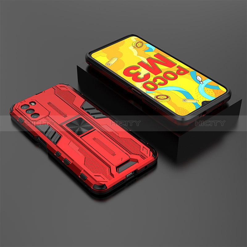 Silikon Hülle Handyhülle und Kunststoff Schutzhülle Hartschalen Tasche mit Magnetisch Ständer KC2 für Xiaomi Poco M3 Rot Plus