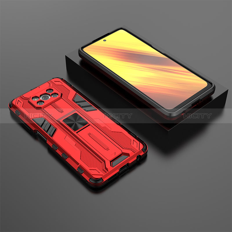 Silikon Hülle Handyhülle und Kunststoff Schutzhülle Hartschalen Tasche mit Magnetisch Ständer KC2 für Xiaomi Poco X3 NFC Rot Plus