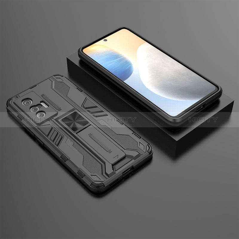 Silikon Hülle Handyhülle und Kunststoff Schutzhülle Hartschalen Tasche mit Magnetisch Ständer KC3 für Vivo X70 5G