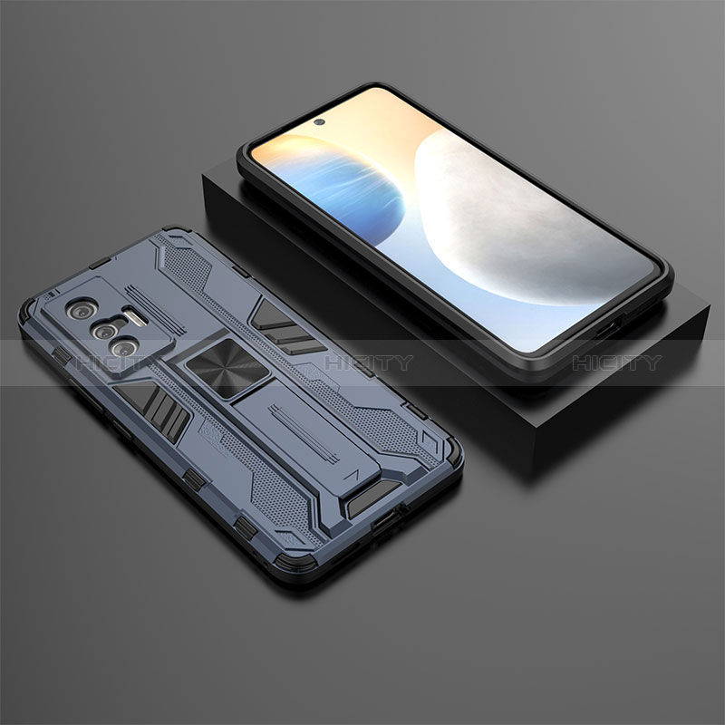 Silikon Hülle Handyhülle und Kunststoff Schutzhülle Hartschalen Tasche mit Magnetisch Ständer KC3 für Vivo X70 5G Blau