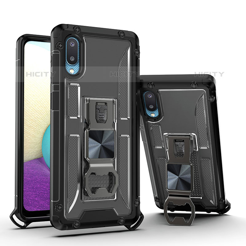 Silikon Hülle Handyhülle und Kunststoff Schutzhülle Hartschalen Tasche mit Magnetisch Ständer QW1 für Samsung Galaxy M02 Schwarz